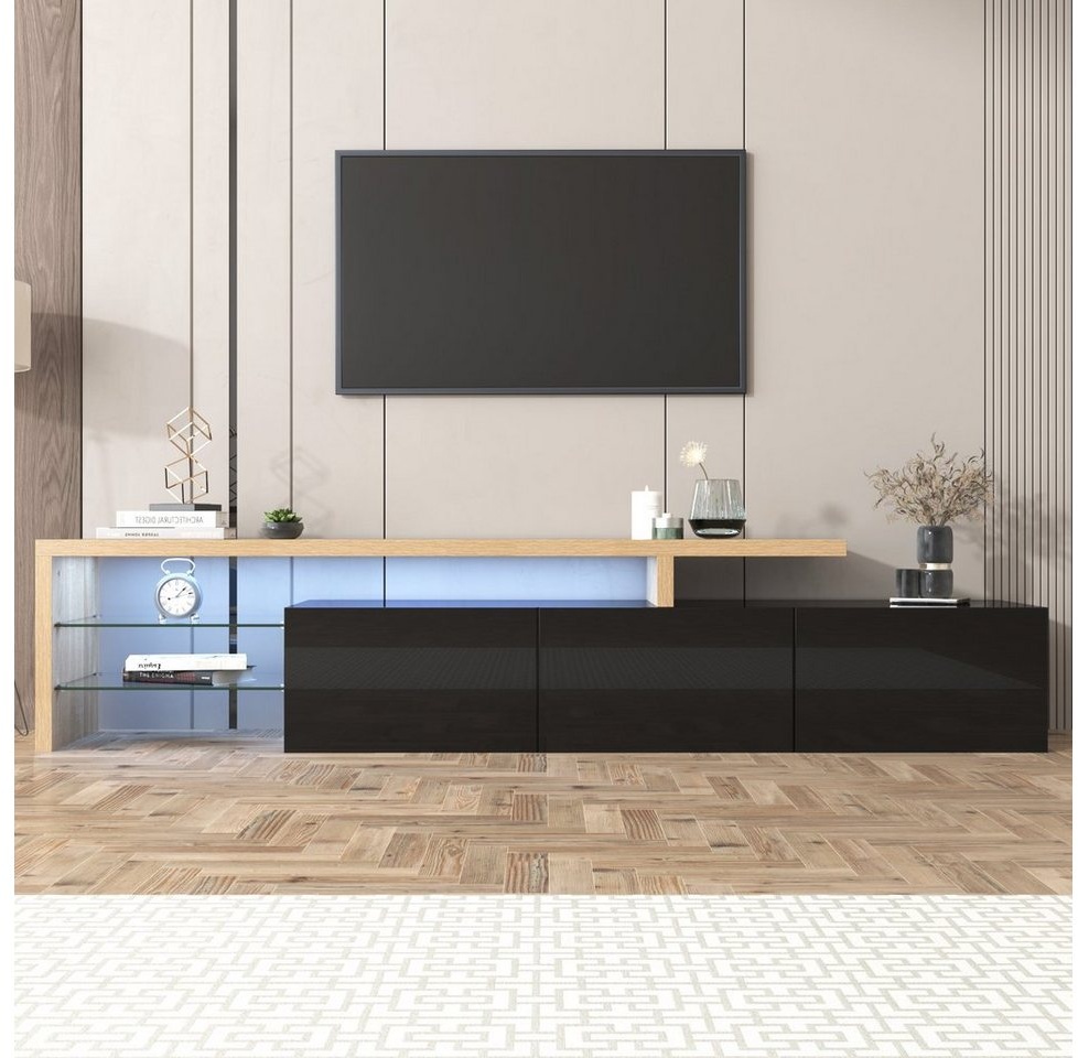 Merax Lowboard, mit Glasablgen und LED-Beleuchtung, Fernsehtisch Hochglanz, TV-Schrank schwarz