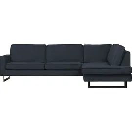 PLACES OF STYLE Ecksofa »Pinto, 290 cm, Cord, Chenille, Lederoptik, Ottomane links / rechts«, mit Keder, schwarze Metallfüße, Wellenunterfederung blau