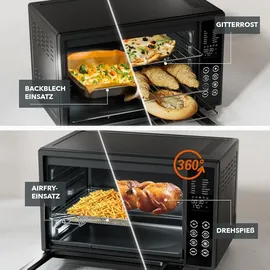 Heinrich's Heinrich ́s Minibackofen 30L mit Umluft, Touch-Bedienung, Timer, Innenbeleuchtung, Drehspieß, 100–230°C, inkl. Zubehör, 1600W, schwarz, - Schwarz