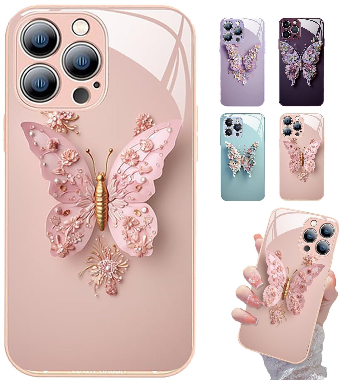 EKIDAZ Flat 3D Butterfly Pattern Glass Cover Compatible for iPhone 14/13/12/11 Pro Max,Floral Butterfly Pattern Creative Personalized Mobile Phone Cover (Pale Pink,for iPhone 13)
