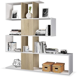 Habitdesign Dekoratives und funktionales Bücherregal mit fünf Fächern, weiß mit eichenfarbenen Einsätzen, Maße 145 x 145 x 29 cm