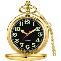 Tiong Silber/Schwarz/Bronze, transparente Abdeckung, Quarz-Taschenuhr, leuchtendes Zifferblatt, Edelstahl, Taschenuhr, Geschenk für Herren, mit Kette, 65 Gold, Klassisch