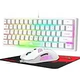 60 Prozent Mini Gaming Tastatur Und Maus Set Weiß, QWERTY Layout RGB Regenbogen LED Beleuchtet Mechanische Gefühl Ergonomische Tastatur, 12000 DPI Bienenwabe Maus USB Verkabelt Für PC Laptop