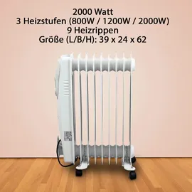 BITUXX Elektrischer Ölradiator 2000 Watt 9 Rippen MS-18806 - Weiß