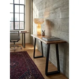 KADIMA DESIGN Schreibtisch Massivholz Industriell 118x41 cm Akazie Live-Edge Goldbraun-Schwarz Schmal | Platzsparend Weser Kollektion Kadima Design