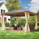 TOOLPORT Gartenpavillon 4x4 m Holzoptik, Stahldach Hardtop 4 Seitenteile in champagner