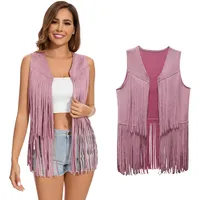 XonyiCos Damen Fringe Weste 70er Jahre 60er Jahre Hippie Westes Ärmellose Cowgirl Western Faux Wildleder Quaste Lederjacke Karneval und Rollenspiele Kostüme (Rosa Quaste Weste, XXL) - XXL