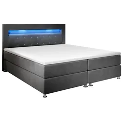 Juskys Boxspringbett Vancouver 140x200 cm - Bett mit LED, Topper & Federkern-Matratzen – Stoff Grau