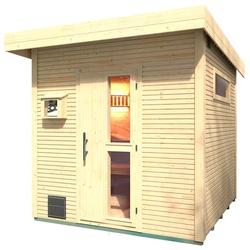 Weka Blockbohlen Saunahaus Kuopio - 45 mm Blockbohle naturbelassen Inkl. schmalem Fenster 9 kW finnischem Saunaofen OS mit Ofenschutz, Anschlusskabel, analoger Steuerung