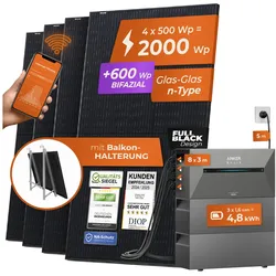 Solarway® All In One Balkonkraftwerk mit Speicher 2000W komplett Steckdose - 4,8 kWh Anker Solix 2 PRO Speicher - Solaranlage Komplettset - 500W bifaziale Solarmodule & Anker Speicher & Zubehör