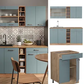 Vicco Küchenzeile R-Line 160 cm Blau-Grau Eiche