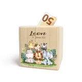 Personalisierte Spardose, Spardose Kind, Spardose, Personalisierte Spardose, Spardose Holz, Spardose Baby, Sparschwein, Taufe Motiv Safari | Grösse 10x10x10cm