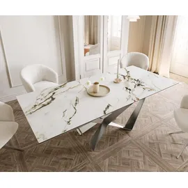DeLife Esstisch Edge 180-220x100 Keramik Calacatta Luxe Weiß-Gold-Grau Spider Flachstahl Edelstahl ausziehbar