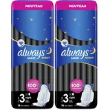 Always Maxi Damenbinden, Größe 3, Nacht, 16 Tücher mit Flügeln, sehr reichlich Nachtfluss, ultra saugfähiges Herz und auslaufsichere Barrieren (Packung mit 2)