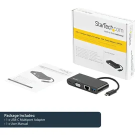 Startech StarTech.com USB-C VGA Multiport Adapter - Power Delivery (60W) - USB C Adapter für Mac, Windows, Chrome OS - Docking Station - USB-C 3 Ports), Dockingstation Hub, Schwarz