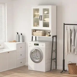BonVache Waschmaschinenschrank mit Metallständer – 5 verstellbare Fächer, platzsparendes Toilettenregal über der Toilette für Badezimmer & Waschküche, Weiß