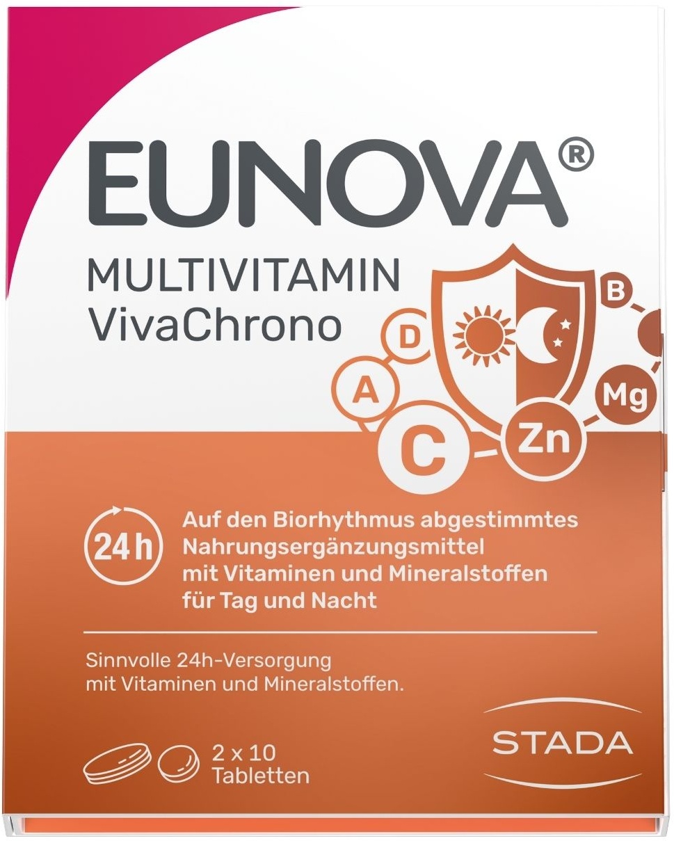 Eunova® VivaChrono: Vitamin- und Mineralstoffversorgung im Einklang mit der 'inneren Uhr“. Clever koordinierte Freisetzung - Jetzt 10% Rabatt mit dem Code stada2024 sparen*