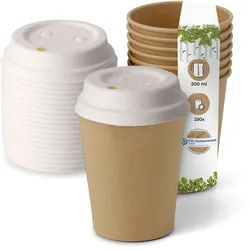 BIOZOYG 250 Stück Kaffeebecher mit passenden Pappdeckeln 200ml / 8oz Einwegbecher Pappbecher Kaffeetassen ungebleicht kompostierbar nachhaltig