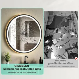 gimbelen LED Runder Badspiegel mit Beleuchtung, 3 Lichtfarben, Dimmbar, Antibeschlag, Energiesparend, Touch-Schalter und Speicherfunktion, LED Badspiegel Schwarz,