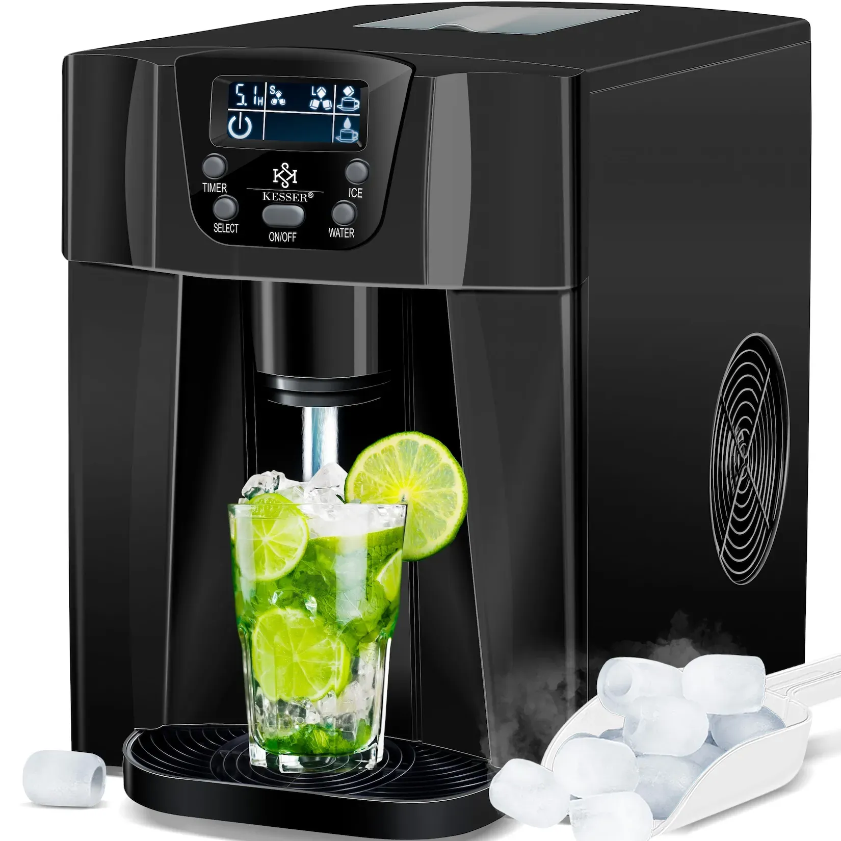 KESSER® Eiswürfelbereiter   Eiswürfelmaschine Edelstahl   100W  Ice Maker   12 kg 24 h   2 Würfelgrößen   Zubereitung in 6 min   2 Liter Wassertank   Timer   LCD-Display   Wassertank