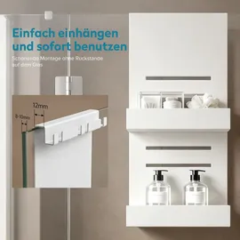 doporro Duschablage ohne Bohren, Duschregal ohne Bohren 2 Ebenen, Duschablage zum Hängen für Glasduschtüren, mit 5 Haken, Weiß, Oryne-01