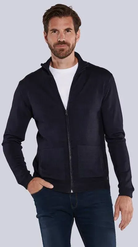 ENGBERS GERMANY Herren Cardigan aus 100% Merinowolle Blau regular uni Stehkragen - M