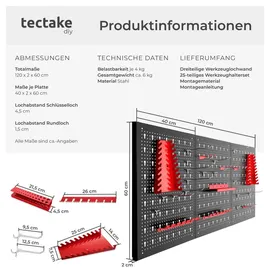 Tectake tectake® Werkzeuglochwand dreiteilig, aus Stahl, 120 x 3 x 60 cm