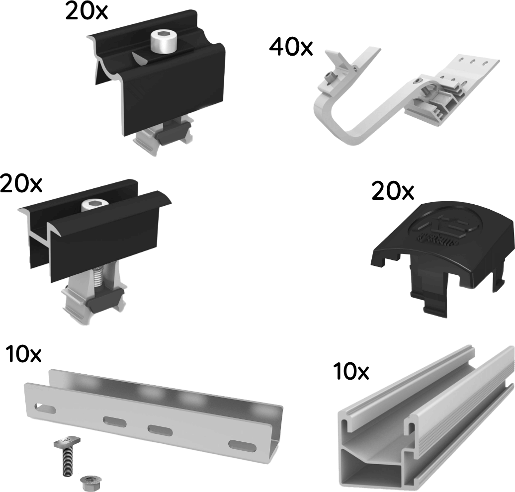  UK Paket für 10 Module von K2, SingleRail, Schrägdach, 1-lagig 