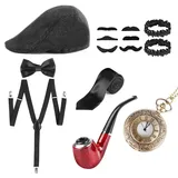 VFANDV 20er Jahre Herren Accessoires, 1920er Mafia Karneval Kostüm Herren, Ideal Kostüme Herren Hosenträger Herren Kostüm Set für Halloween & Partys