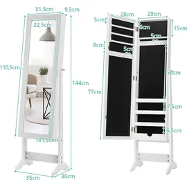 Goplus Schmuckschrank mit Spiegel, Freistehendes Schmuckregal mit Stauraum, Abschließbarer Spiegelschrank, Verstellbarer Spiegelwinkel Weiß
