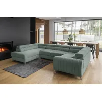 Lukas Möbel Wohnlandschaft Wohnlandschaft Linus mit Schlaffunktion Bettkasten XXL-Sofa in U-Form, mit verstellbaren Kopfstützen grün