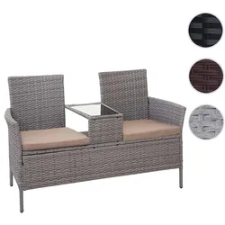 Poly-Rattan Sitzbank mit Tisch HWC-E24, Gartenbank Sitzgruppe Gartensofa, 132cm ~ grau, Kissen creme