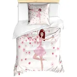 ABAKUHAUS Ballett Bettbezug Set für Einzelbetten, Ballerina-Mädchen Sakura Baum, Milbensicher Allergiker geeignet mit Kissenbezug, 135 cm x 200 cm - 80 x 80 cm, Rose Blasse Pfirsich
