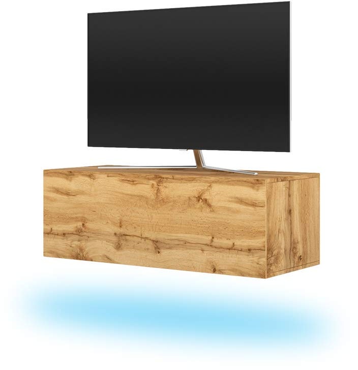Selsey Skylara – TV-Lowboard hängend in Holzoptik Wotan Eiche mit LED-Beleuchtung in Blau, 100 cm