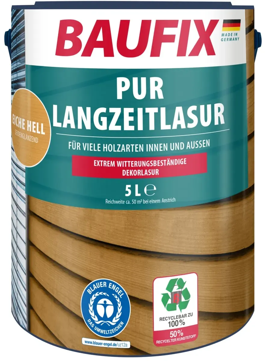 BAUFIX PUR Langzeitlasur eiche hell seidenglänzend, 5 Liter, Holzlasur