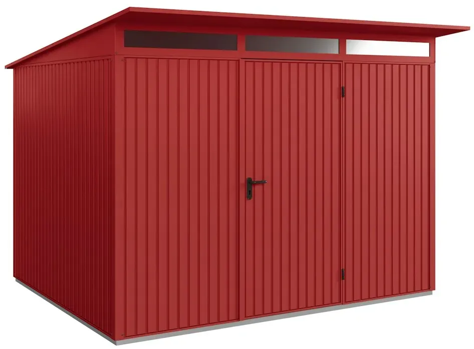 Hörmann Metall-Gerätehaus Berry mit Pultdach B 302 x T 238 cm (Typ 3), Motiv Classic (mit schmalen Lamellen), Einzeltür Türanschlag rechts, Purpurrot (RAL 3004)