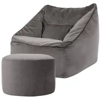 I.C.O.N. Icon Natalia Sitzsack Sessel mit Sitzpuff für Erwachsene, Dunkelgrau, Flauschiger Samtstoff, Riesen Sitzsack Samt mit Füllung, Bean Bag Chair, Bequemer Sessel Wohnzimmer, Lounge, Schlafzimmer, Büro