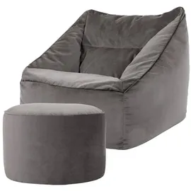 I.C.O.N. Icon Natalia Sitzsack Sessel mit Sitzpuff für Erwachsene, Dunkelgrau, Flauschiger Samtstoff, Riesen Sitzsack Samt mit Füllung, Bean Bag Chair, Bequemer Sessel Wohnzimmer, Lounge, Schlafzimmer, Büro