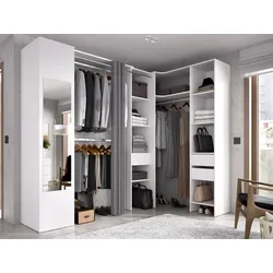 Eckkleiderschrank mit Vorhang & 1 Tür - Mit Spiegel - B 231 cm - Weiß & Grau - BERTRAND