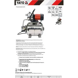 Yato Hydrophore inox auto 1200W 4000L/H 19L Tank