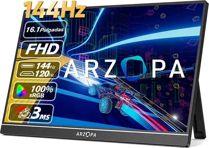 ARZOPA Z1FC 16,1 Zoll 144 Hz tragbarer Gaming-Monitor, 106 % sRGB, 1080p Full HD, Monitor mit Standfuß, HDR, ultradünn, Augenschutz, externer Zweitbildschirm für Laptop, PC, PS5, Mac, Xbox