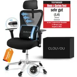 clouvou CleverSeat Bürostuhl Schreibtischstuhl, ergonomisch, | Chefsessel für Arbeitszimmer, 4D Chrom-Metallarmlehne, Blade Wheels, Ergonomic Chair - Schwarz