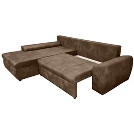 luma-home schönes für dein zuhause Ecksofa mit Schlaffunktion und Bettkasten 266/186/90 cm, Ottomane links, Mikrofaser Leder-Optik Braun / 18014