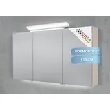 Intarbad Badezimmerspiegelschrank 3-türiger Spiegelschrank mit großflächiger MULTI LED Aufsatzleuchte (Doppelspiegeltüren, Holz-/ Lackdekore, Maße von 120 bis 140 cm wählbar, Höhe 70 cm, Glasfachböden, Magnetleiste & Kosmetikspiegel Ø 12 cm) dimmbar, Vormontierte Lieferung, 160 kg Traglast, Made in Germany beige 130 cm x 70 cm x 13,5 cm