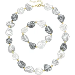 Ketten und Armband Set FIRETTI "Multipack Schmuck Geschenk Perlenarmband Perlenkette barock Kügelchen", gold (gelbgoldfarben, weiß, grau, silbergrau), Schmuck-Sets, Damen, Messing, Elasthan, Polyester, Perlen