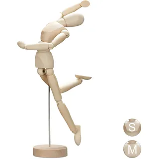 Relaxdays Gliederpuppe aus Holz, zeichnen, basteln, bewegliche Modellpuppe, Künstler, mit Ständer, 32,5 cm hoch, natur, Braun