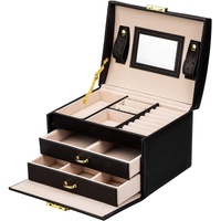 AdelDream Schmuckkasten Schmuckkoffer abschließbar 3 Ebenen mit 2 Schubladen mit Spiegel für Ringe Ohrringe Halsketten und Armbänder schwarz