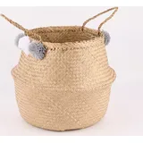 Sass & Belle Aufbewahrungskorb geflochten mit Bommeln natur grau weiß 30x30cm