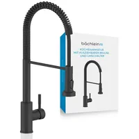 Bächlein Küchenarmatur Nedo – 360 Grad schwenkbar (matt schwarz) – Einhand-Spültischbatterie aus Edelstahl mit flexiblem Hals und Brause mit Umschalt-Taste, Wasserhahn für die Küche