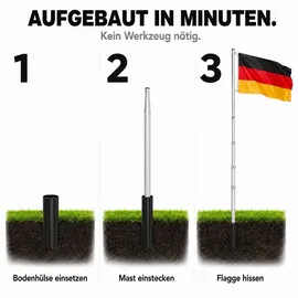 onbest Fahnenmast | mit Bodenhülse und Karabiner | 6,2 m | inklusive Deutschlandfahne | Partyfahne